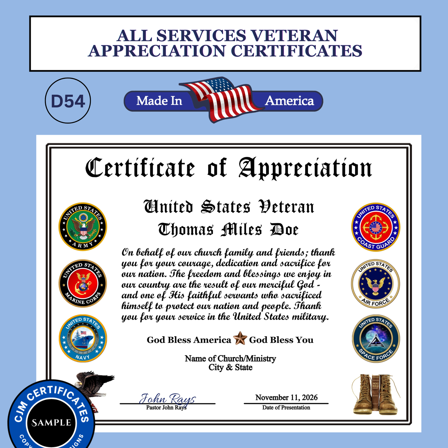 D54 Custom Veteran Appreciation Certificates from Churches: Edit & Download