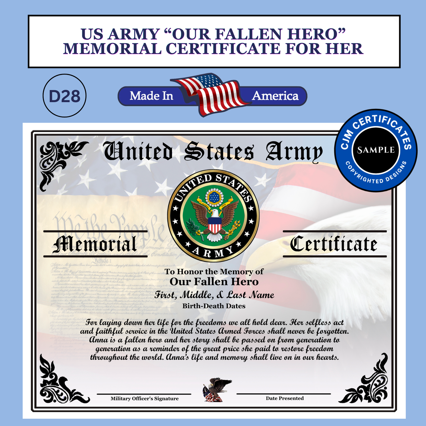 D28 US Army Fallen Hero Memorial Certificate For Her: Edit & Download: Use for Any Branch (Copy) (Copy)