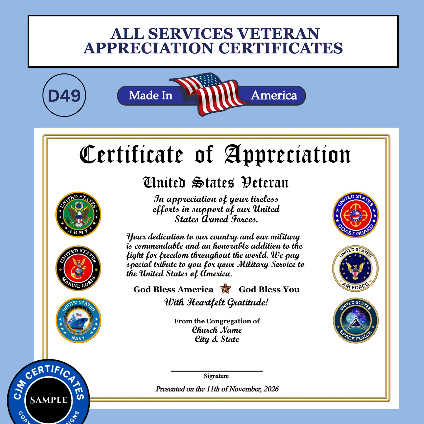 D49 Custom Ministry Veteran Certificates: Edit & Download