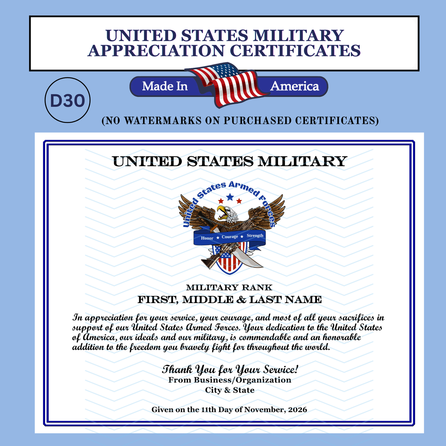 P-D30 Printed US Armed Forces Military Certificates