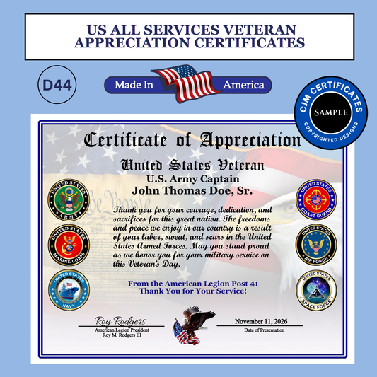 D44 Pack of 40 Veteran Certificates for Veterans Day, All Branches, Add Names, Self-Design (PDF/JPG)