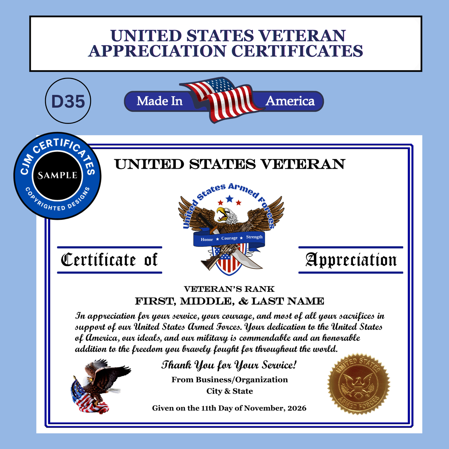 D35 Custom Veteran Certificates for Businesses: Edit & Download