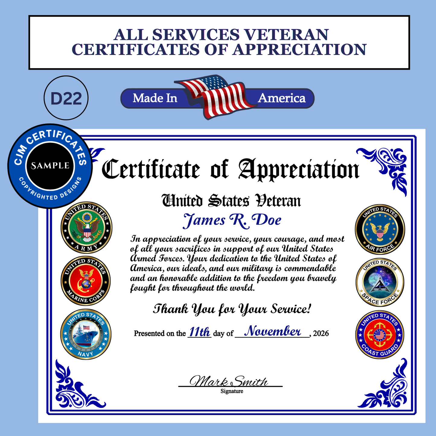 D22 Pack of 40 Veteran Certificates for Veterans Day Gifts, All Branches, Add Names, Self-Design (PDF/JPG)
