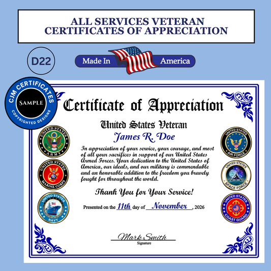 D22 Pack of 40 Veteran Certificates for Veterans Day Gifts, All Branches, Add Names, Self-Design (PDF/JPG)