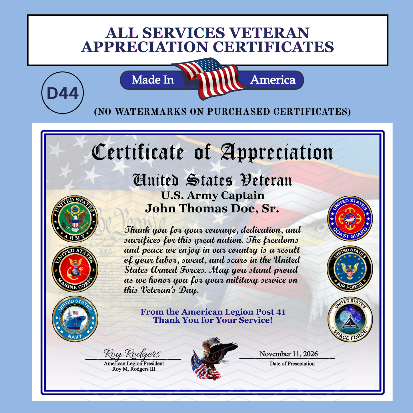 P-D44 Printed All Branches Veterans Day Certificates