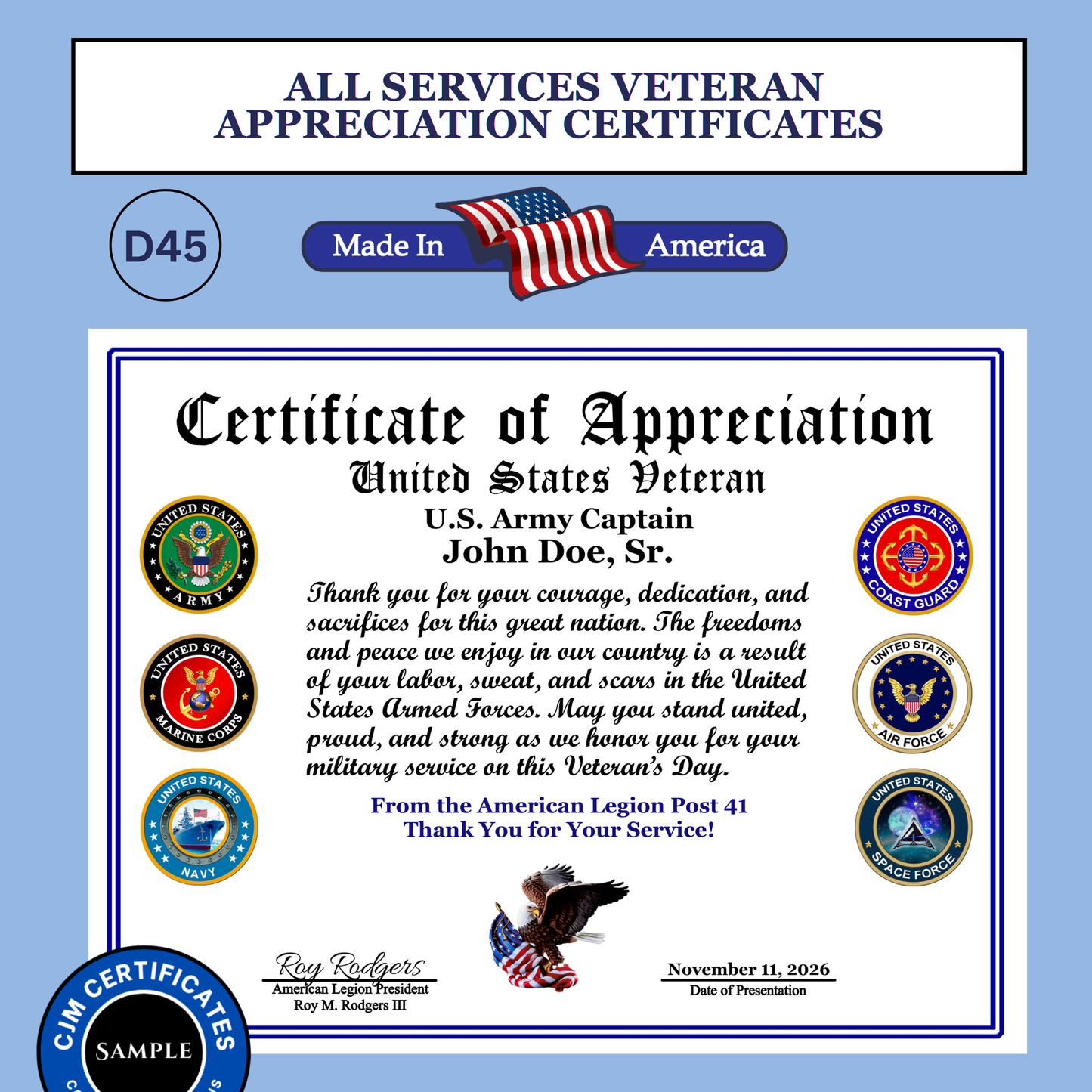 D45 Custom US Veteran Appreciation Certificates: Edit & Download