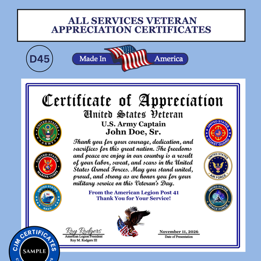 D45 Custom US Veteran Appreciation Certificates: Edit & Download