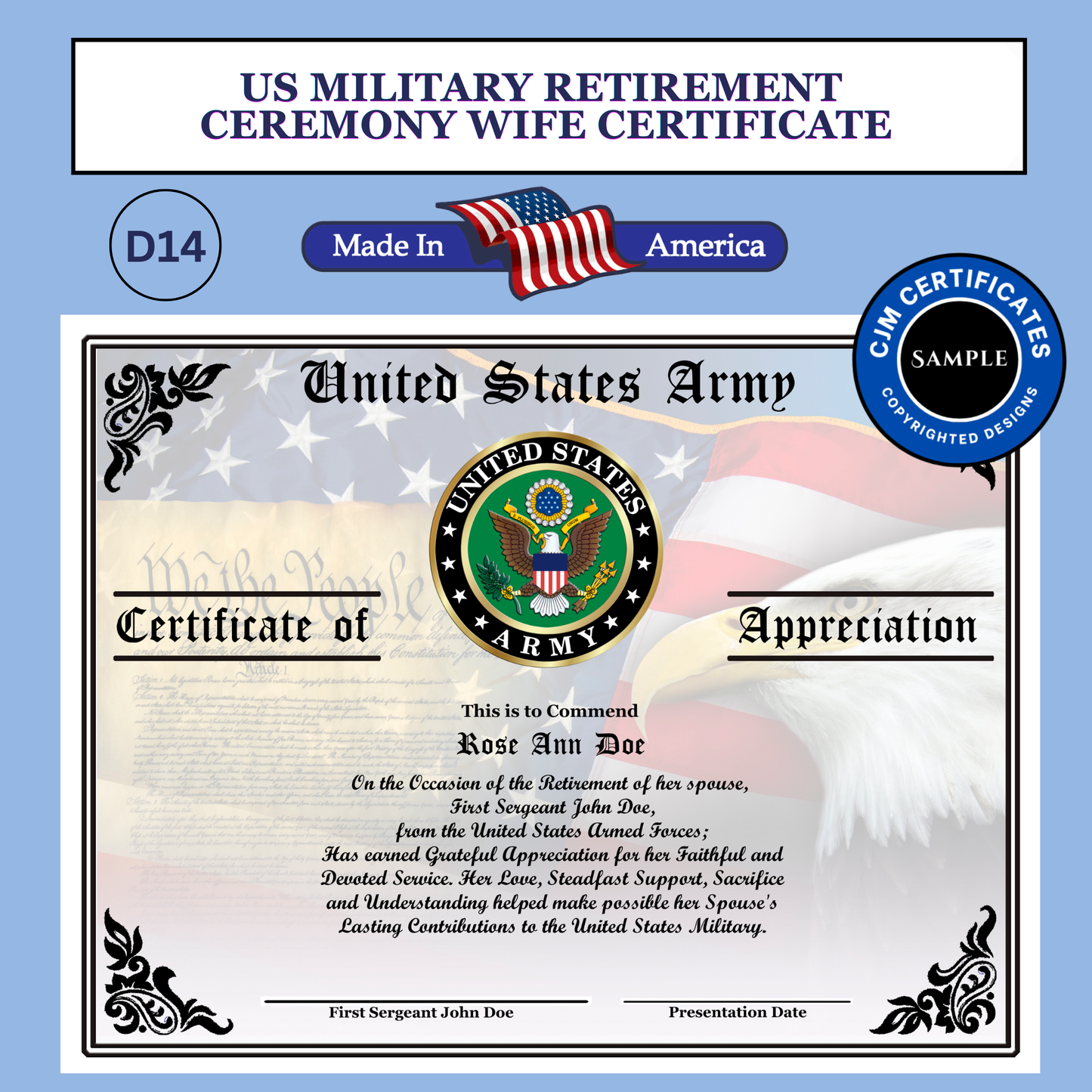 D14 US Military Retirement Ceremony Wife Certificate: Edit & Download for All Branches