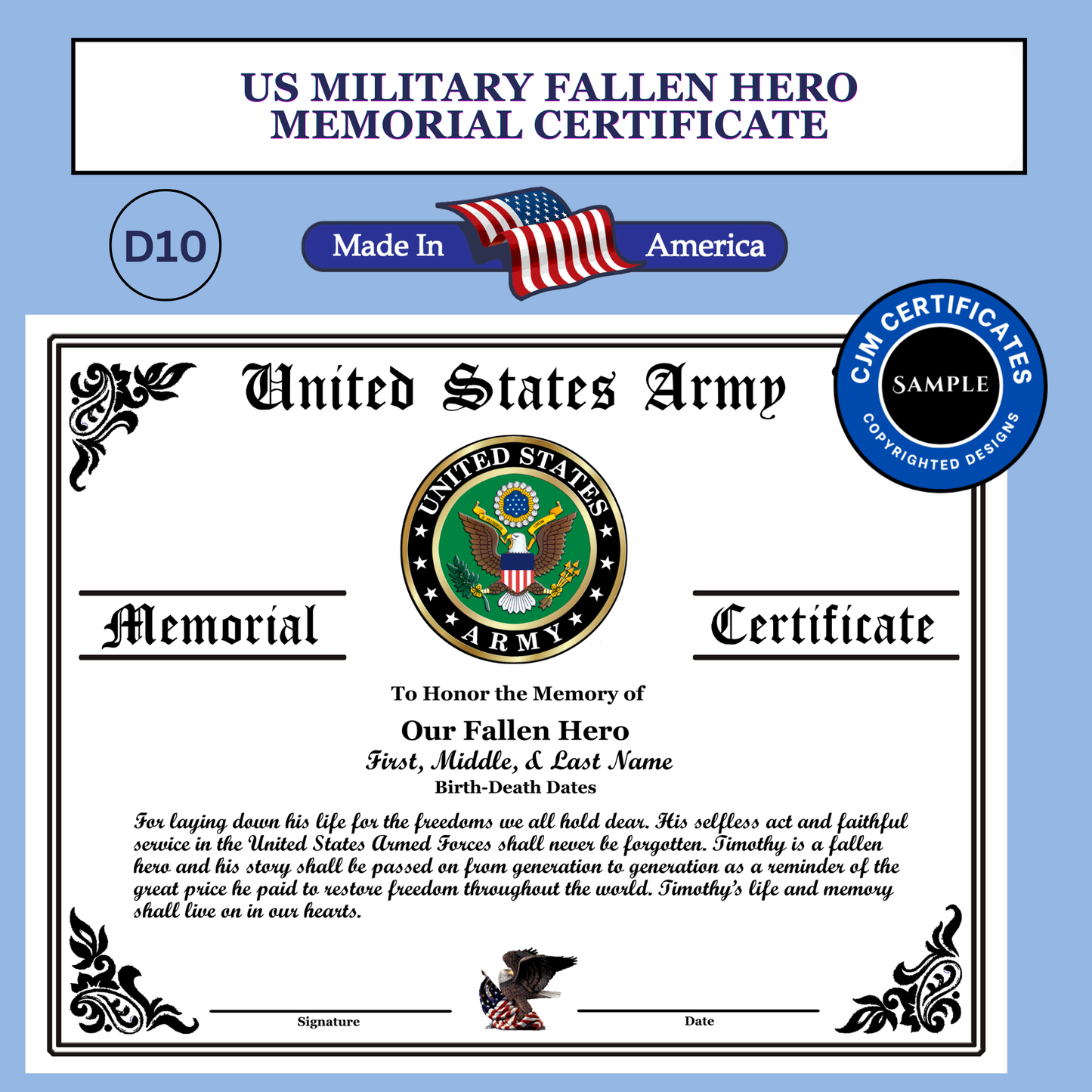 D10 US Military Our Fallen Hero Memorial Certificate: Edit & Download: Use for Any Branch