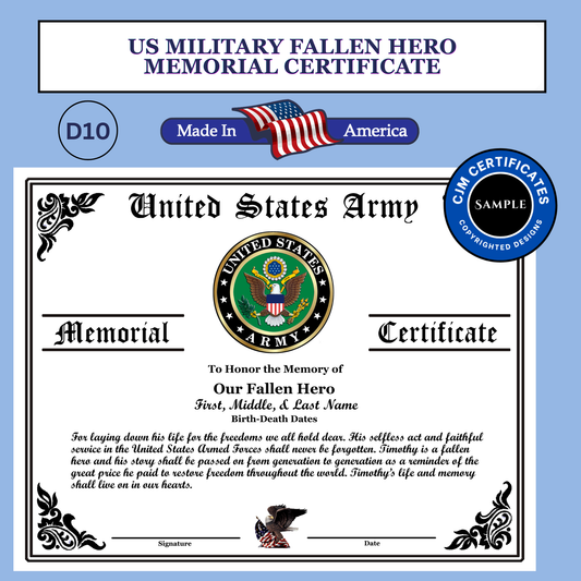 D10 US Military Our Fallen Hero Memorial Certificate: Edit & Download: Use for Any Branch