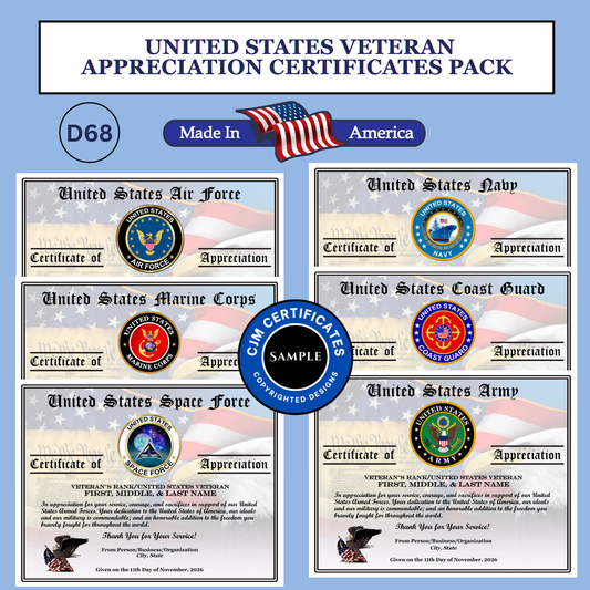D68 Custom Veteran Certificates Pack for Veterans Day Gifts: Edit & Download (Unlimited)