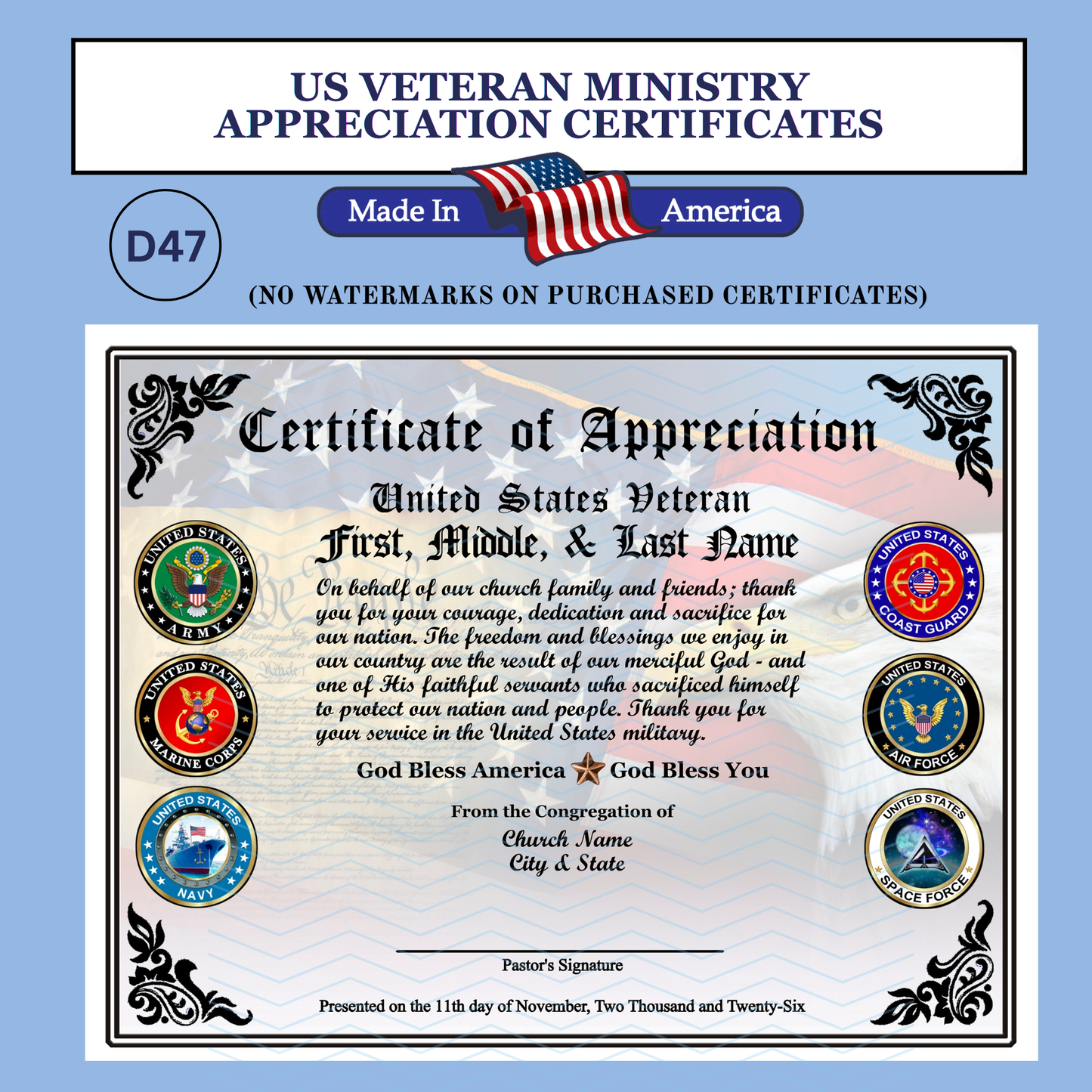 P-D47 Printed All Branches Veterans Day Certificates