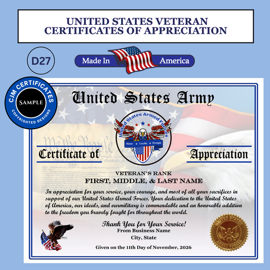 D27 Custom Veteran Certificates for Veterans Day: Edit & Download