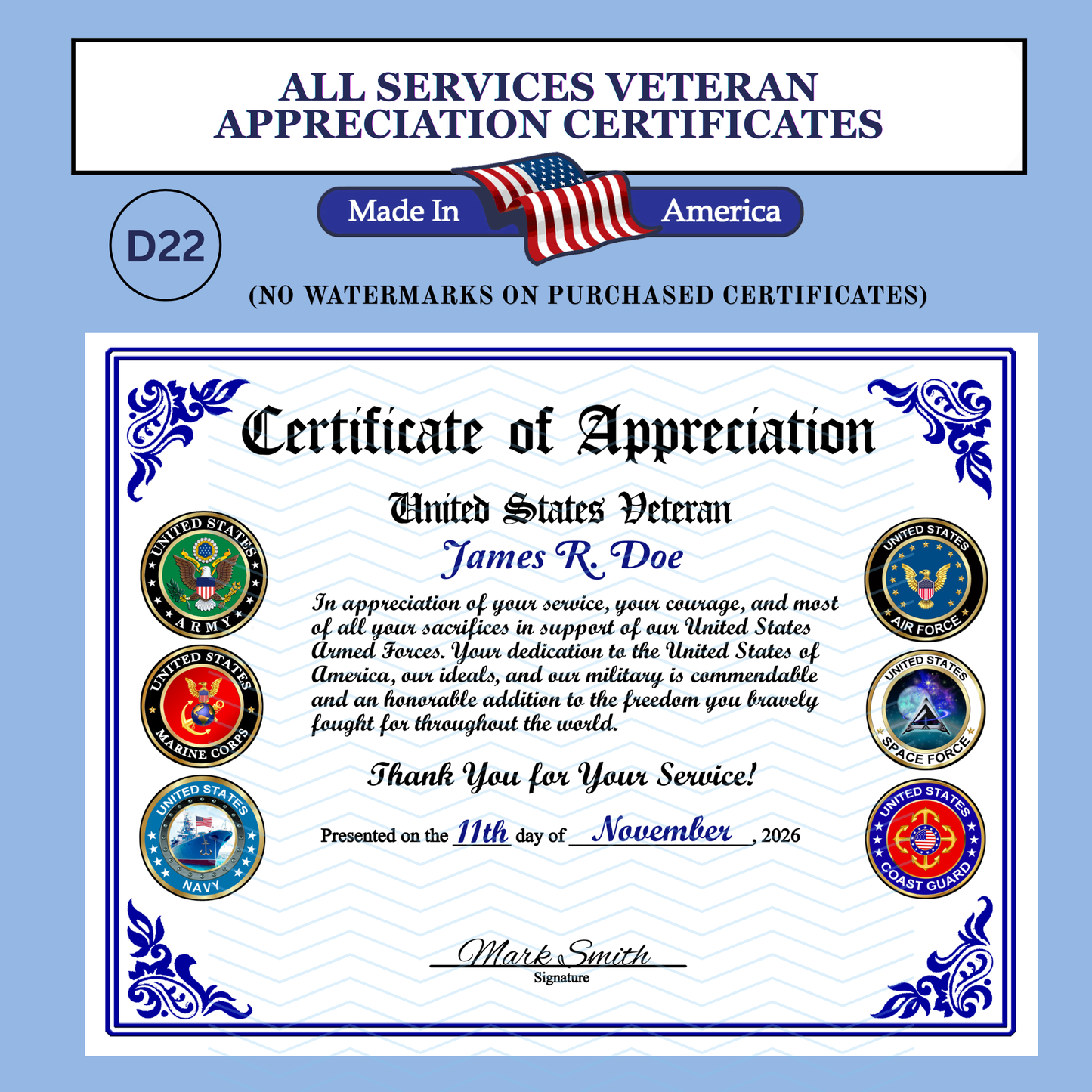 P-D22 Printed All Services Veterans Day Certificates