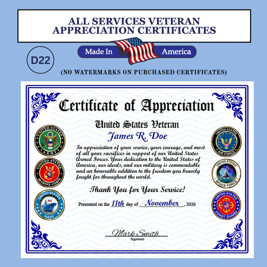 P-D22 Printed All Services Veterans Day Certificates
