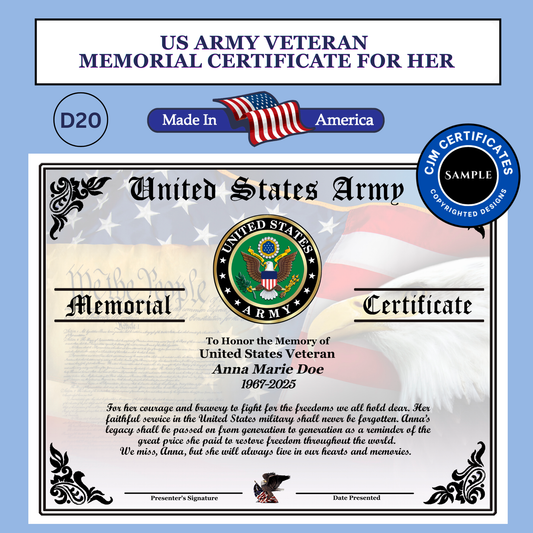 D20 US Military Veteran Memorial Certificate For Her: Edit & Download for All Branches