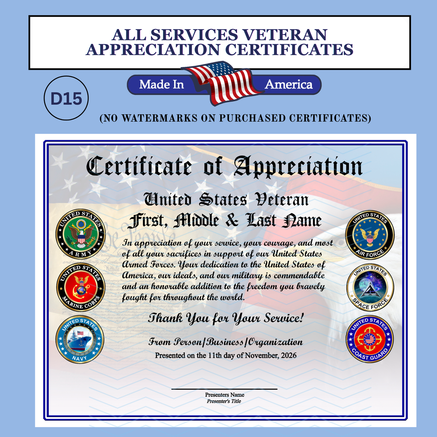P-D15 Printed All Services Veteran Appreciation Certificates
