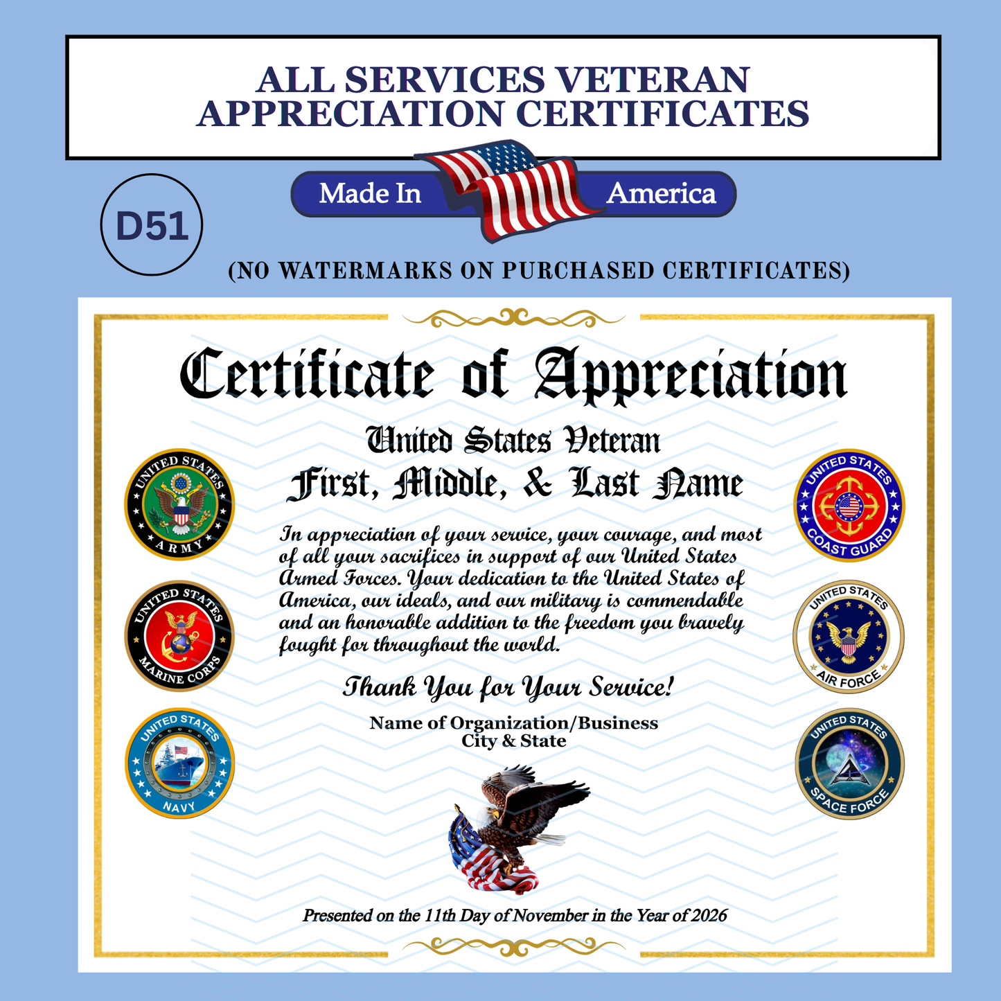 P-D51 Printed All Branches Veterans Day Certificates