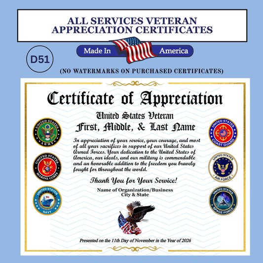 P-D51 Printed All Branches Veterans Day Certificates