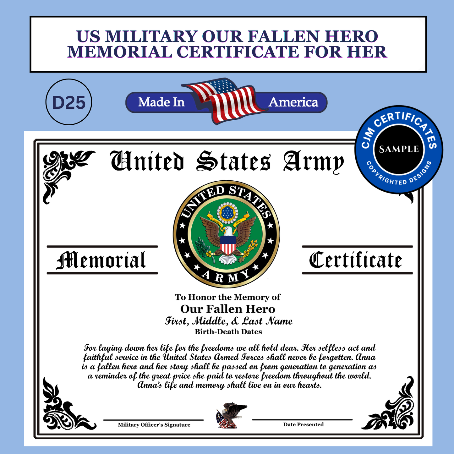 D25 US Military Fallen Hero Memorial Certificate For Her: Edit & Download: Use for Any Branch (Copy)