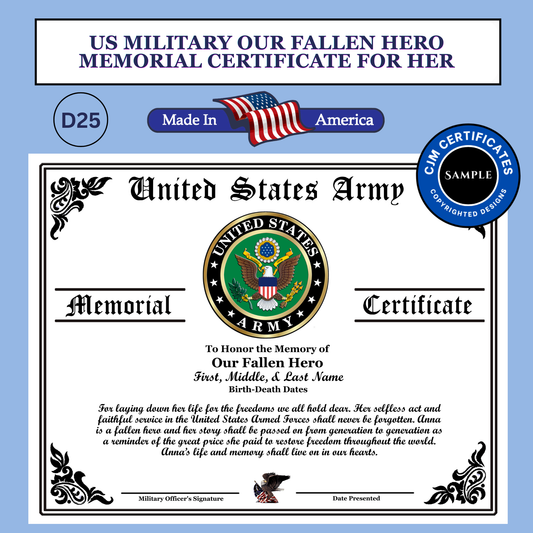 D25 US Military Fallen Hero Memorial Certificate For Her: Edit & Download: Use for Any Branch (Copy)