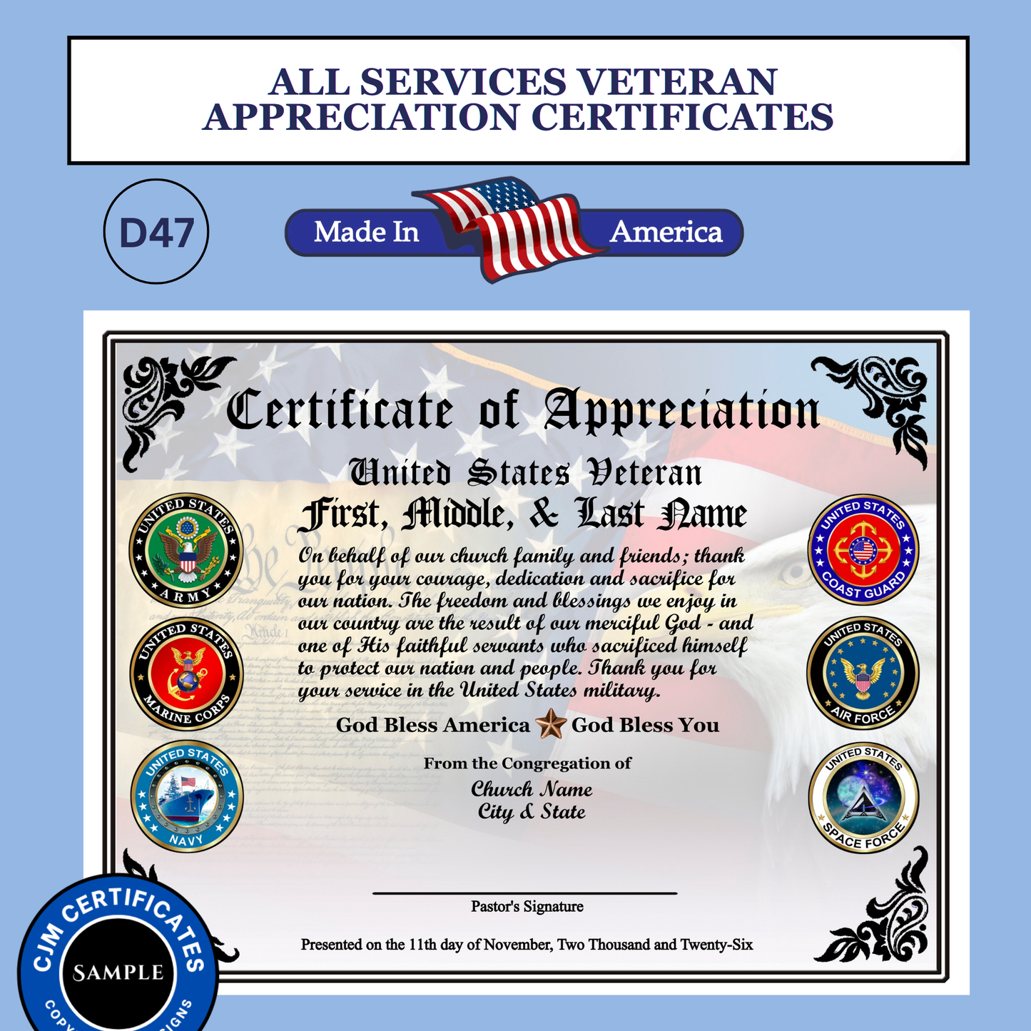 D47 Custom US Veteran Certificates from Ministries: Edit & Download