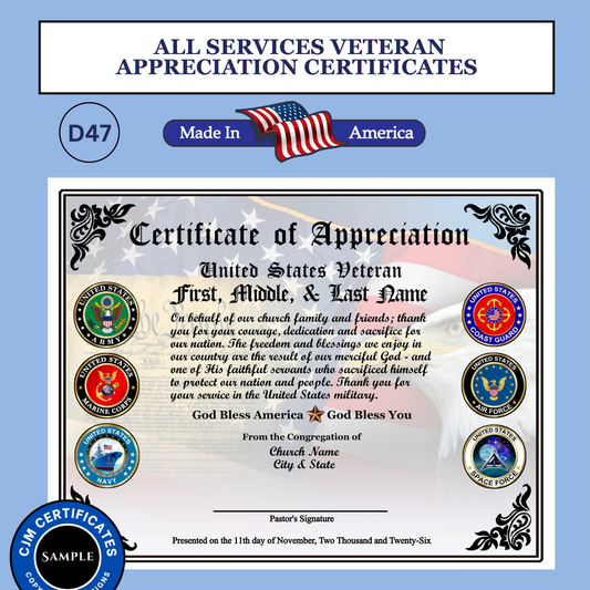 D47 Custom US Veteran Certificates from Ministries: Edit & Download