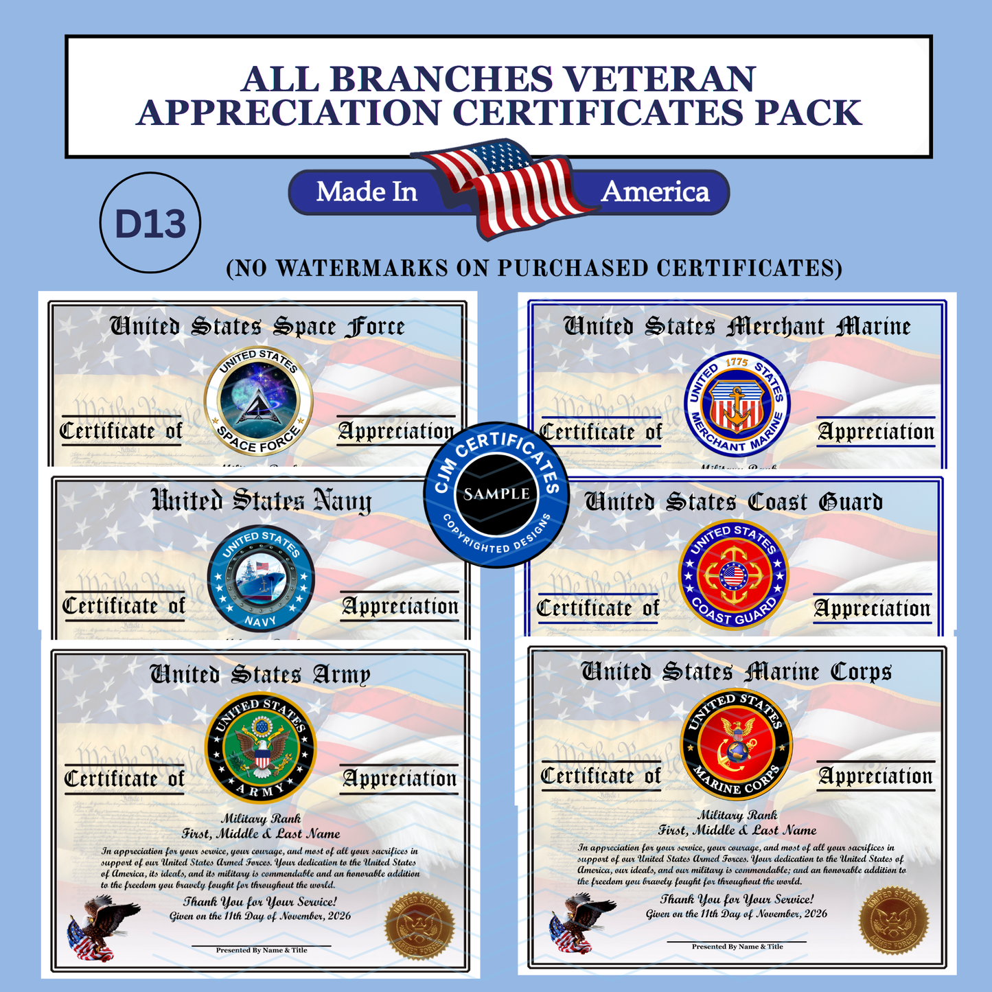 P-D13 Printed Veterans Day Certificates