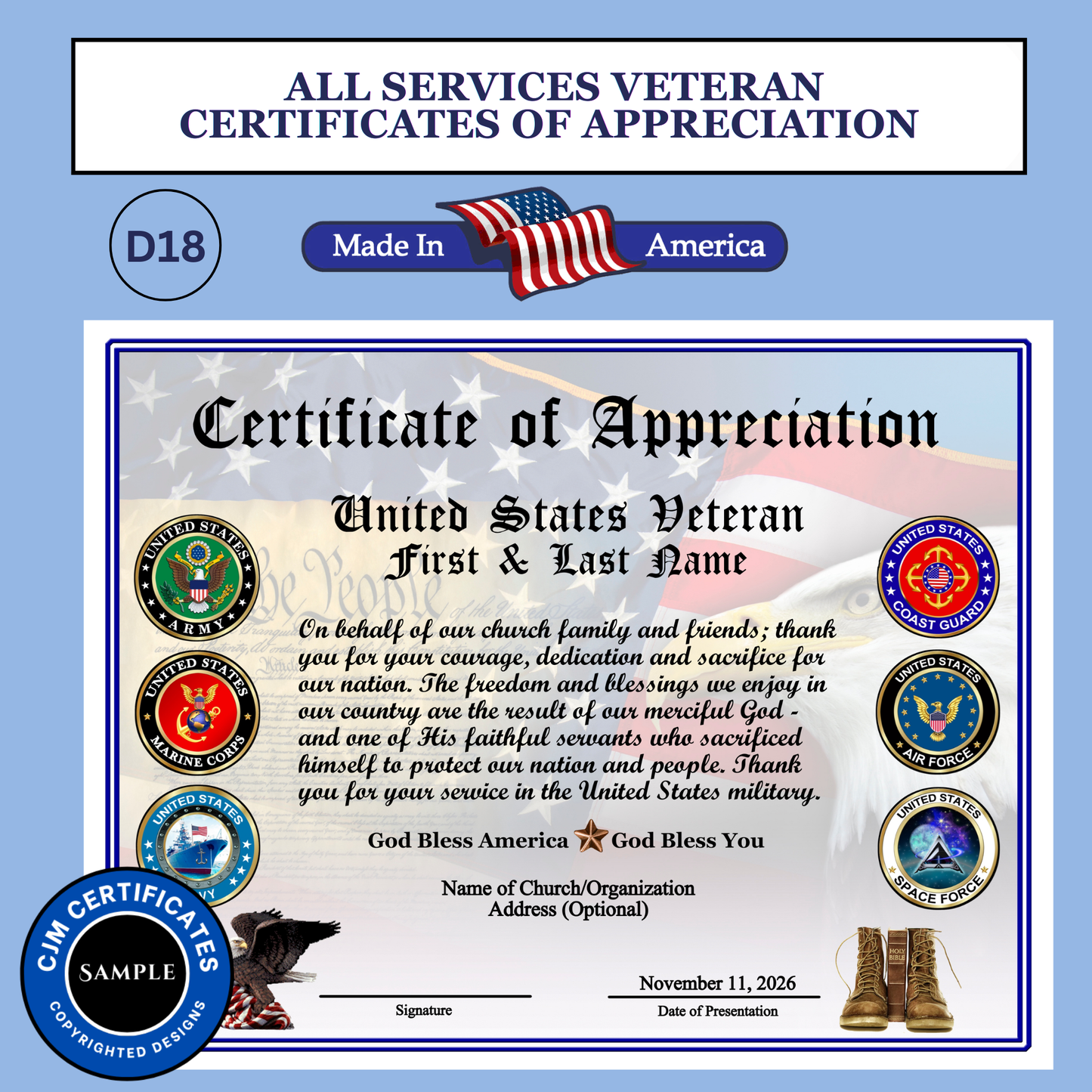 D18 All Services Veteran Appreciation Certificates: Edit & Download
