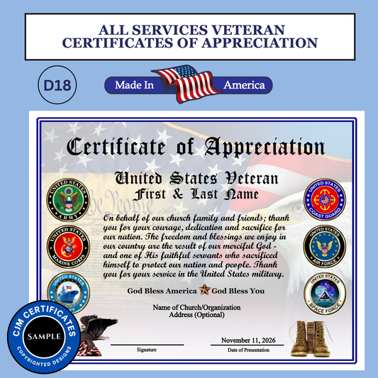 D18 All Services Veteran Appreciation Certificates: Edit & Download