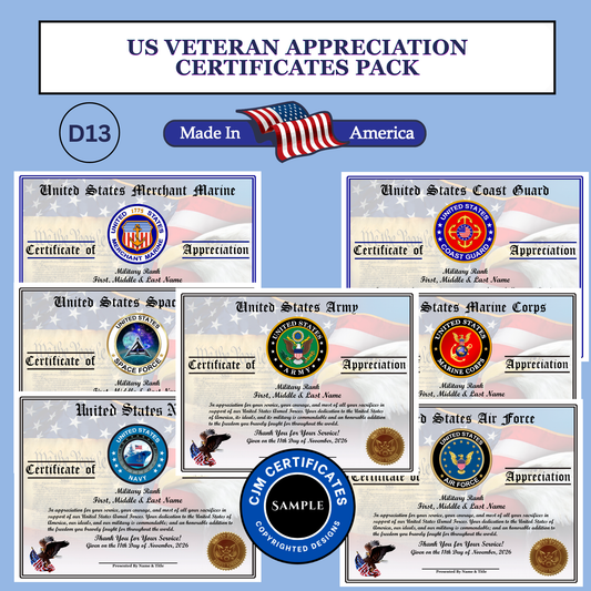 D13 Custom Veteran Certificates of Appreciation Pack: Edit & Download