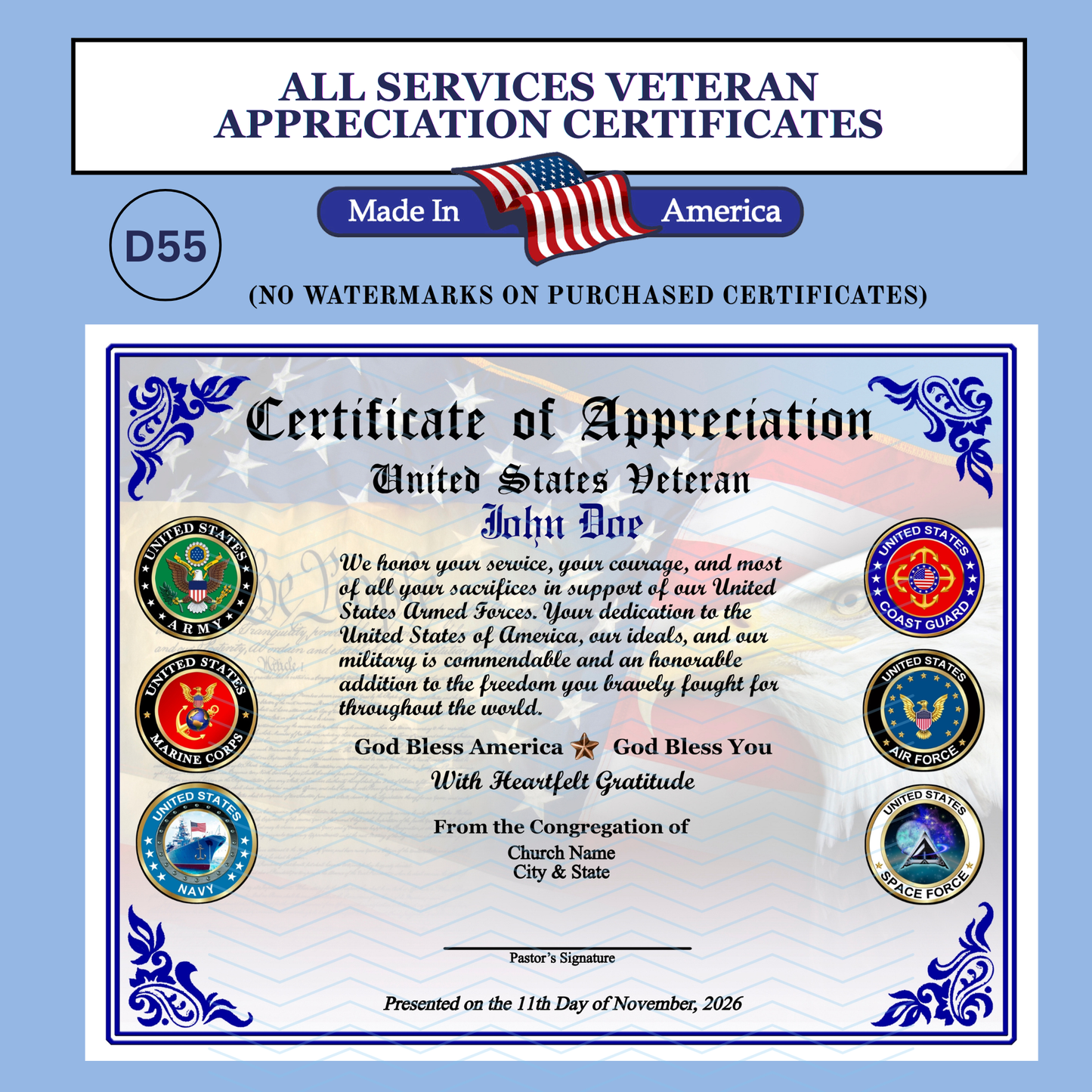 P-D55 Printed All Branches Veterans Day Certificates