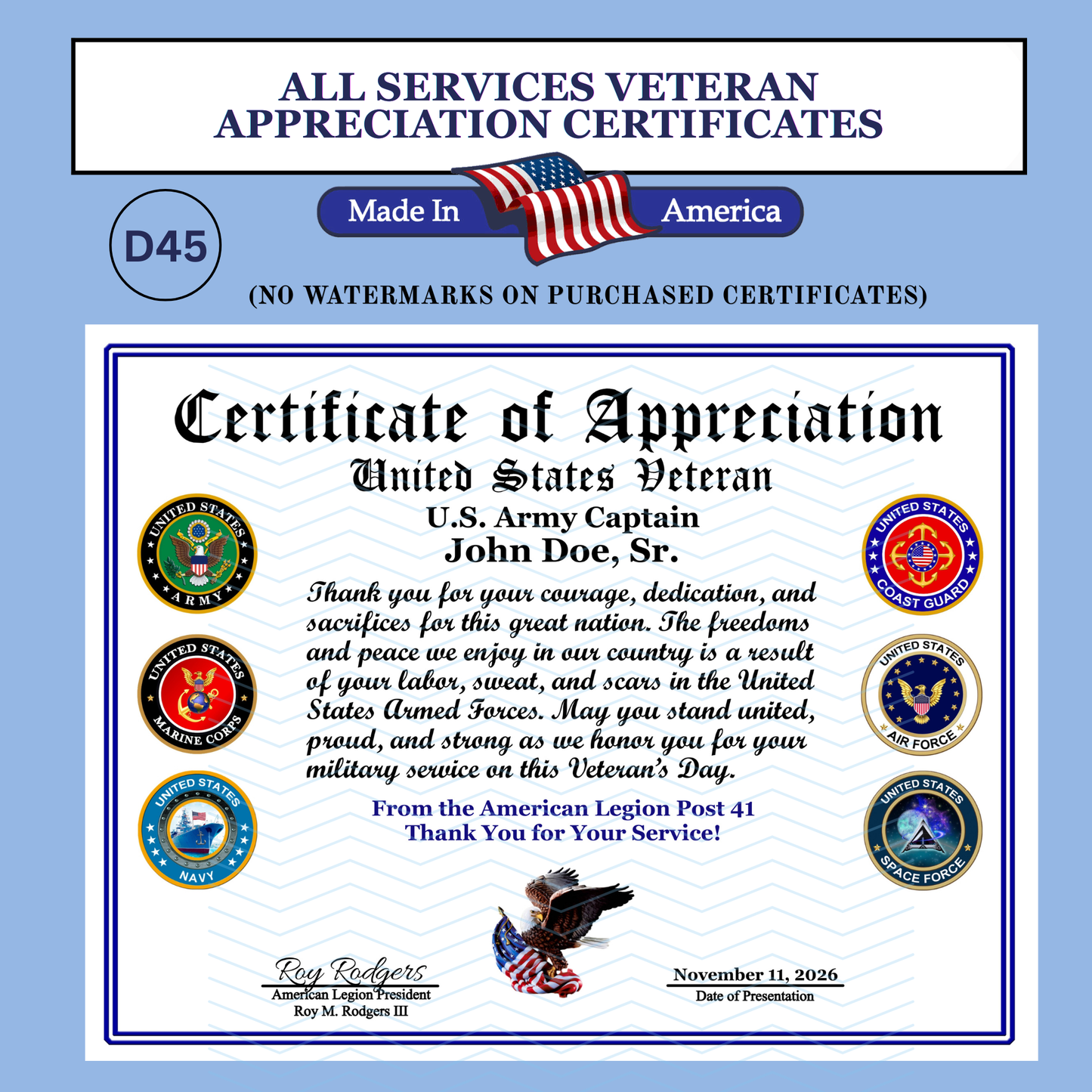 P-D45 Printed All Branches Veterans Day Certificates