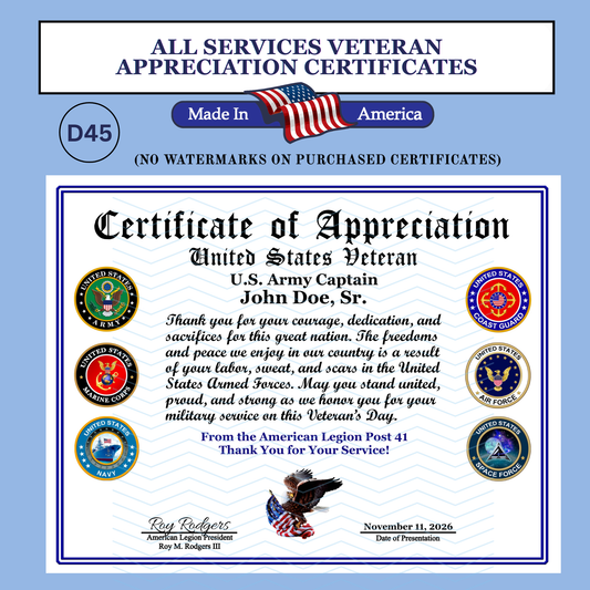 P-D45 Printed All Branches Veterans Day Certificates