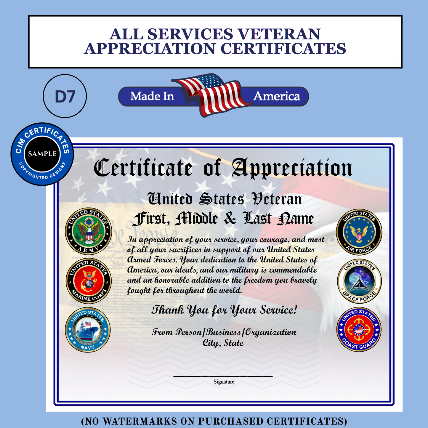 P-D7 Printed Veterans Day Certificates