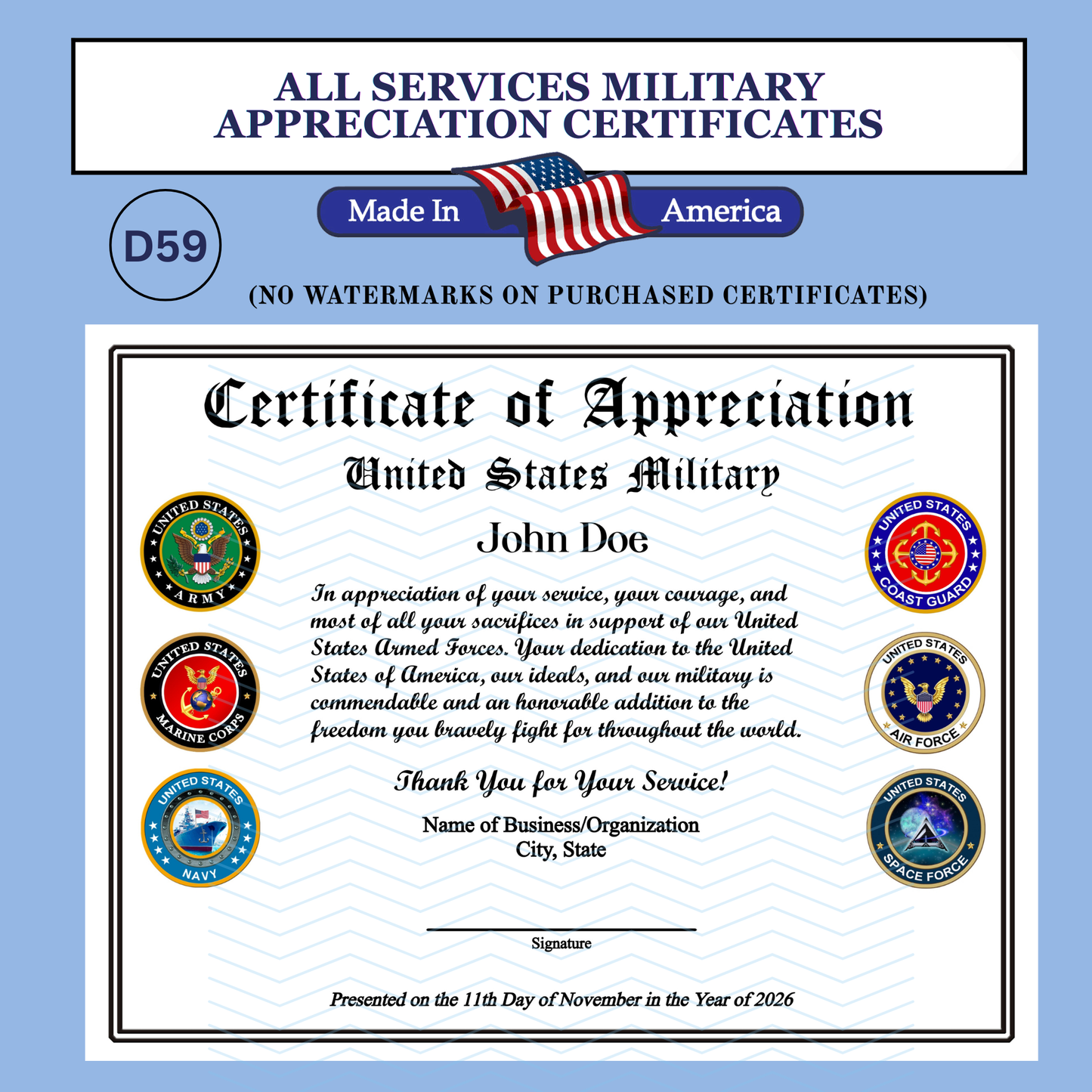 P-D59 Printed US All Services Military Certificates