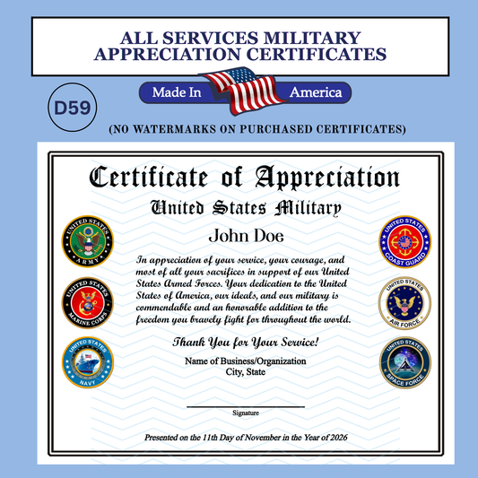 P-D59 Printed US All Services Military Certificates