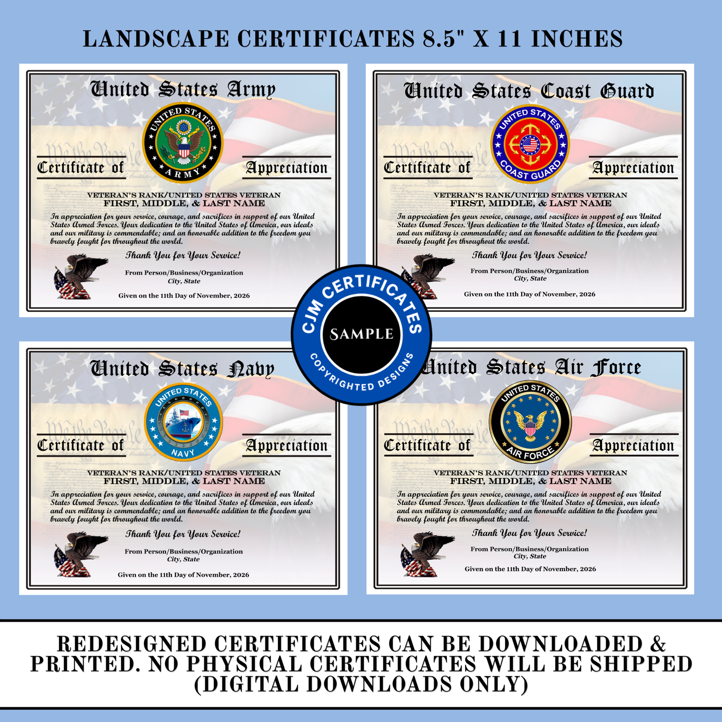D68 Custom Veteran Certificates Pack for Veterans Day Gifts: Edit & Download (Unlimited)