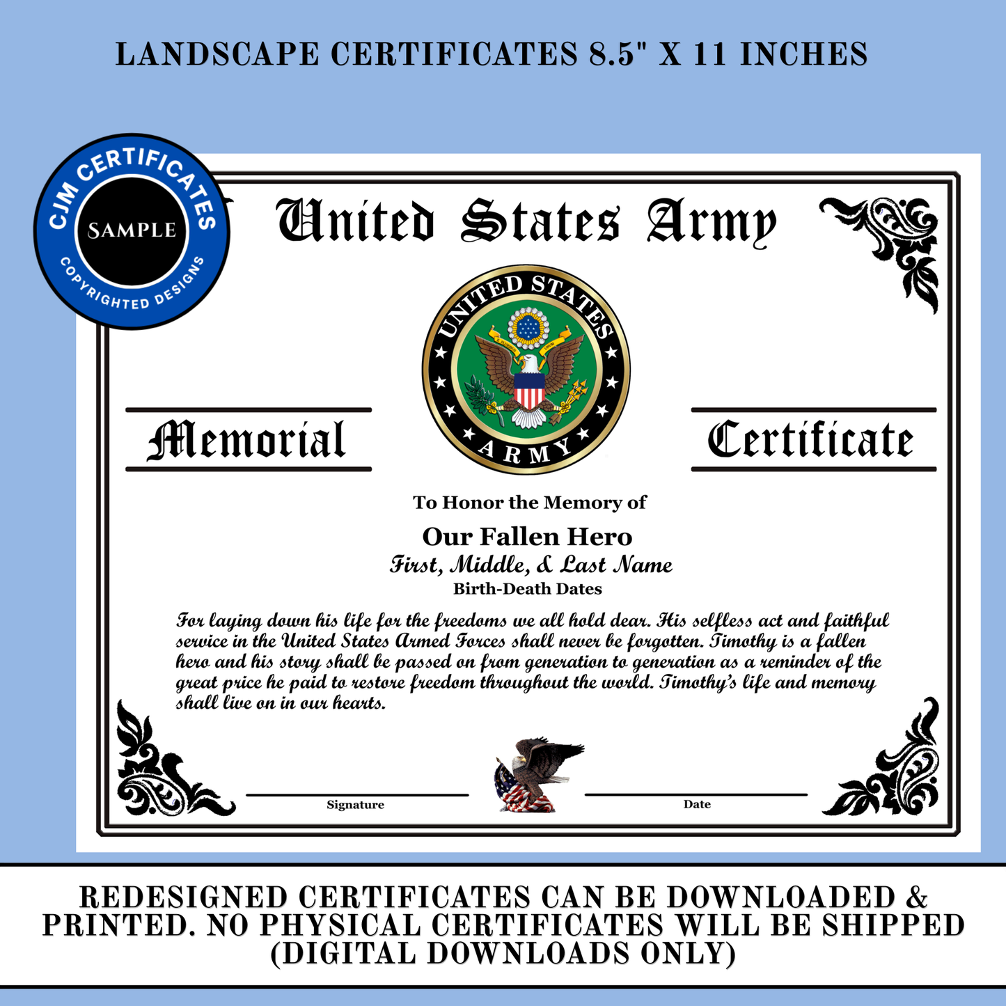 D10 US Military Our Fallen Hero Memorial Certificate: Edit & Download: Use for Any Branch