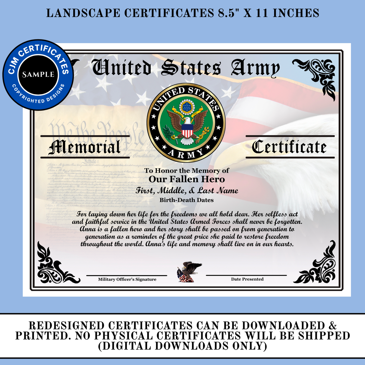D28 US Army Fallen Hero Memorial Certificate For Her: Edit & Download: Use for Any Branch (Copy) (Copy)