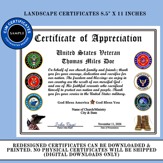 D54 Custom Veteran Appreciation Certificates from Churches: Edit & Download