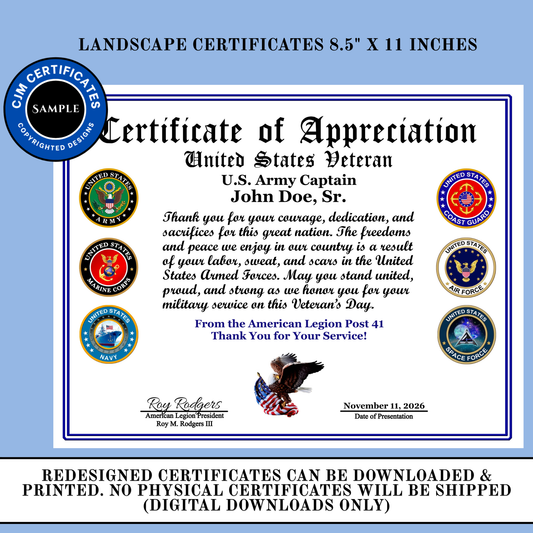 D45 Custom US Veteran Appreciation Certificates: Edit & Download