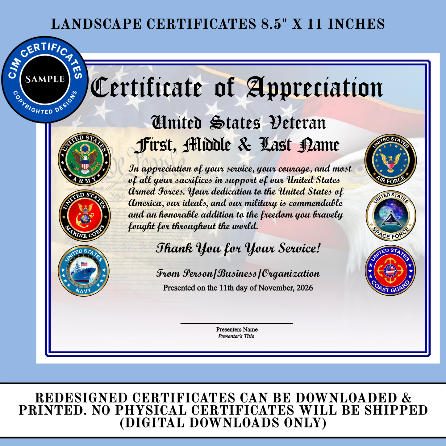 D15 Custom Veteran Certificates for Veterans Day Gifts: Edit & Download