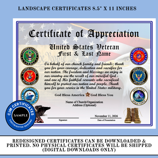 D18 All Services Veteran Appreciation Certificates: Edit & Download