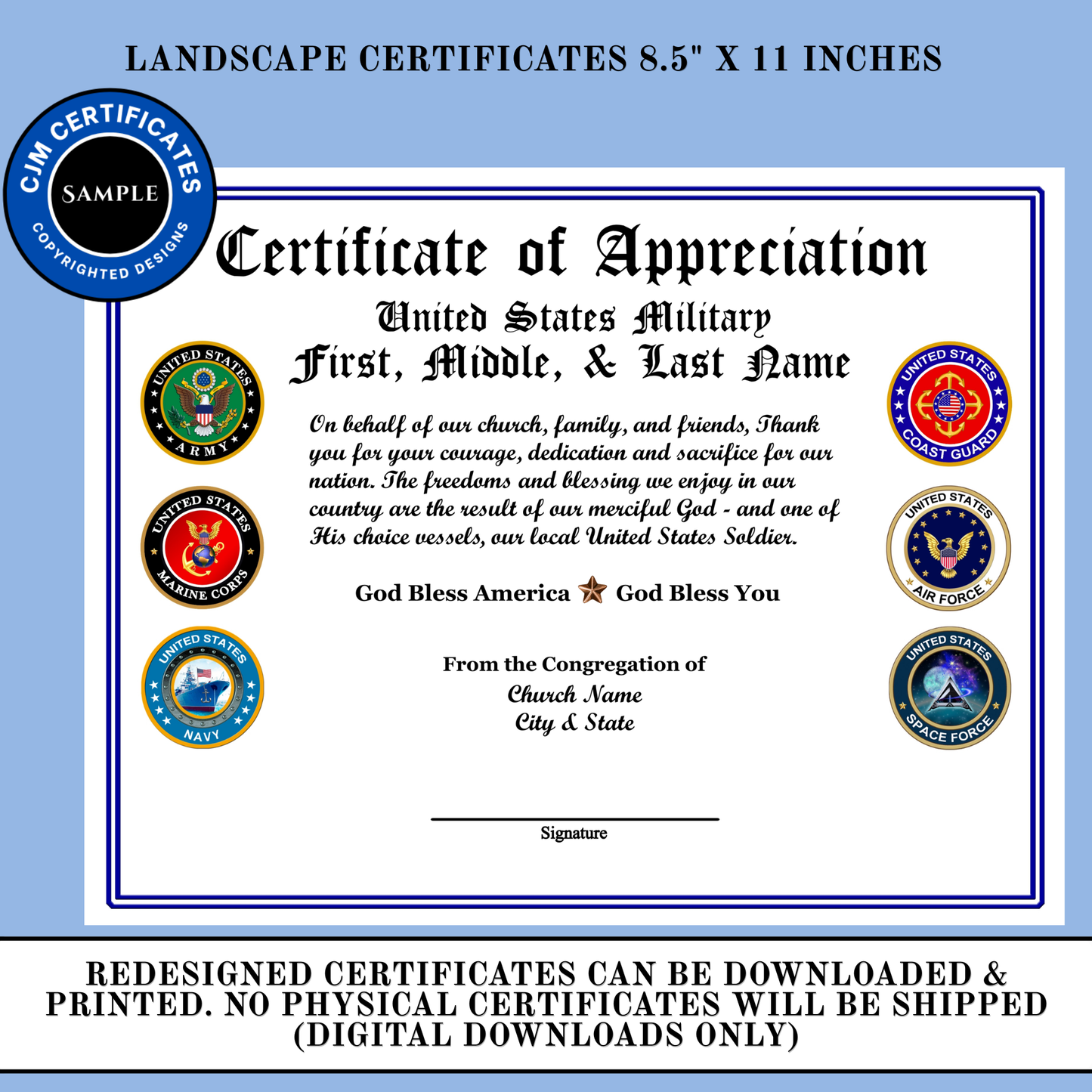 D8 Custom Military Certificates for Churches: Edit & Download