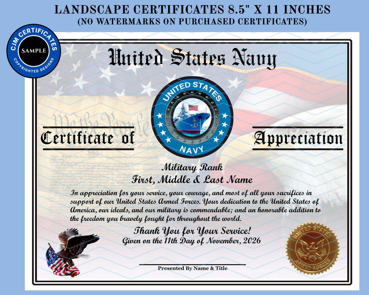 A United States Navy Certificate of Appreciation to be designed to your expectations, professionally printed and shipped with a Navy emblem sample, and a gold seal, shown on a light blue background with promotional text.