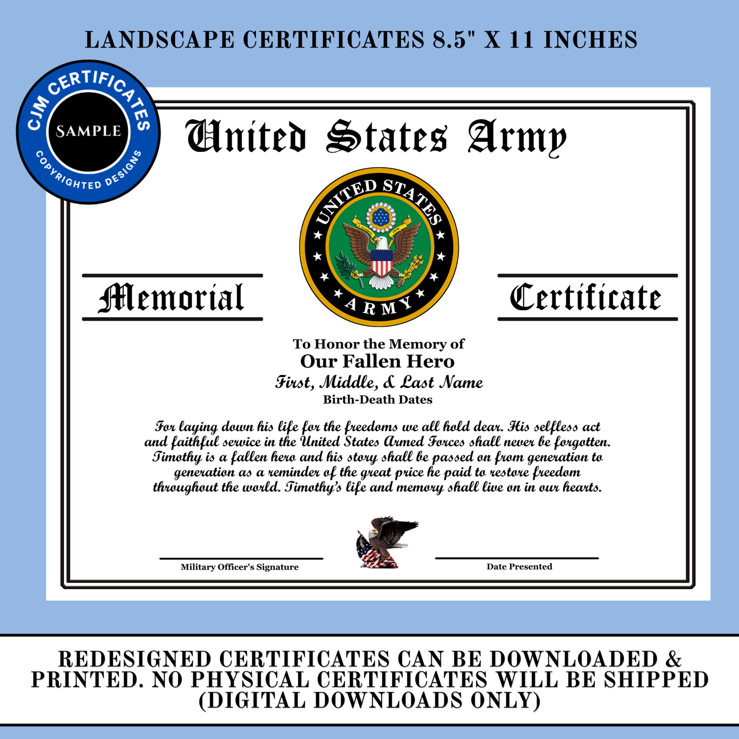 D24 US Military Fallen Hero Memorial Certificate: Edit & Download: Use for Any Branch