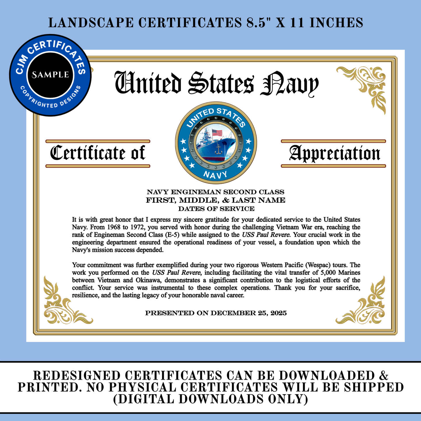 D11 US Navy Promotion/Experience Certificates Pack: Edit & Download