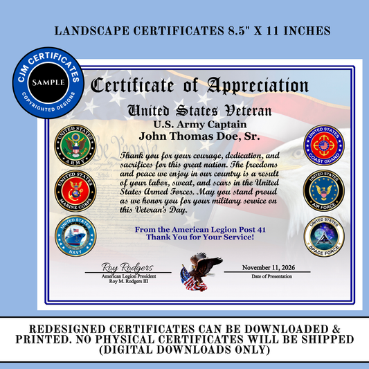 D44 Pack of 40 Veteran Certificates for Veterans Day, All Branches, Add Names, Self-Design (PDF/JPG)