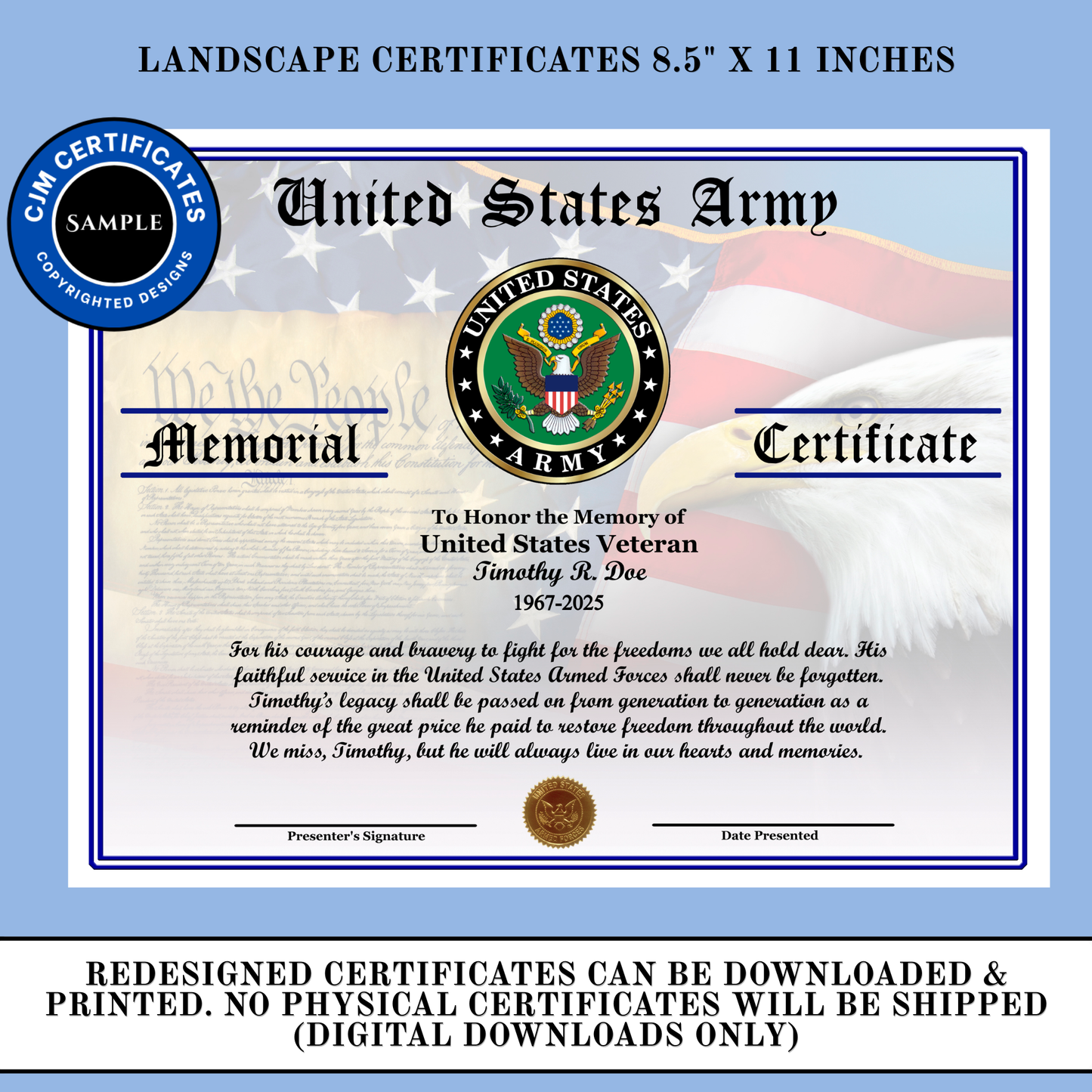 D29 US Army Veteran Memorial Certificate: Edit & Download for All Branches